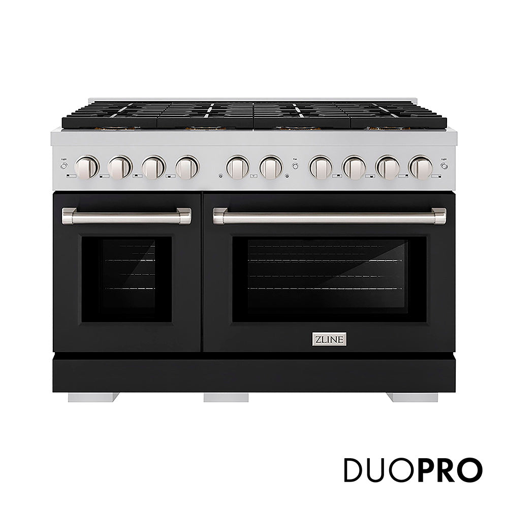 ZLINE 48 in. 6.7 cu. ft. Paramount Dual Fuel Range with 8 Burner DuoPro™ Cooktop and Dual Ovens with Black Matte Doors (PSDR-BLM-48) front, with DuoPro™ logo.