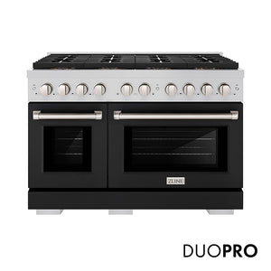 ZLINE 48 in. 6.7 cu. ft. Paramount Dual Fuel Range with 8 Burner DuoPro™ Cooktop and Dual Ovens with Black Matte Doors (PSDR-BLM-48) front, with DuoPro™ logo.
