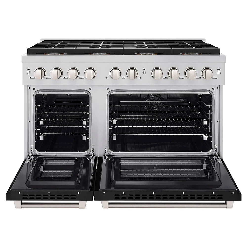 ZLINE 48 in. 6.7 cu. ft. Paramount Dual Fuel Range with 8 Burner DuoPro™ Cooktop and Dual Ovens with Black Matte Doors (PSDR-BLM-48) front, oven open.