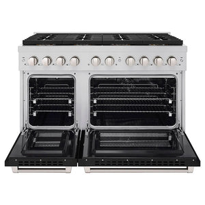 ZLINE 48 in. 6.7 cu. ft. Paramount Dual Fuel Range with 8 Burner DuoPro™ Cooktop and Dual Ovens with Black Matte Doors (PSDR-BLM-48) front, oven open.