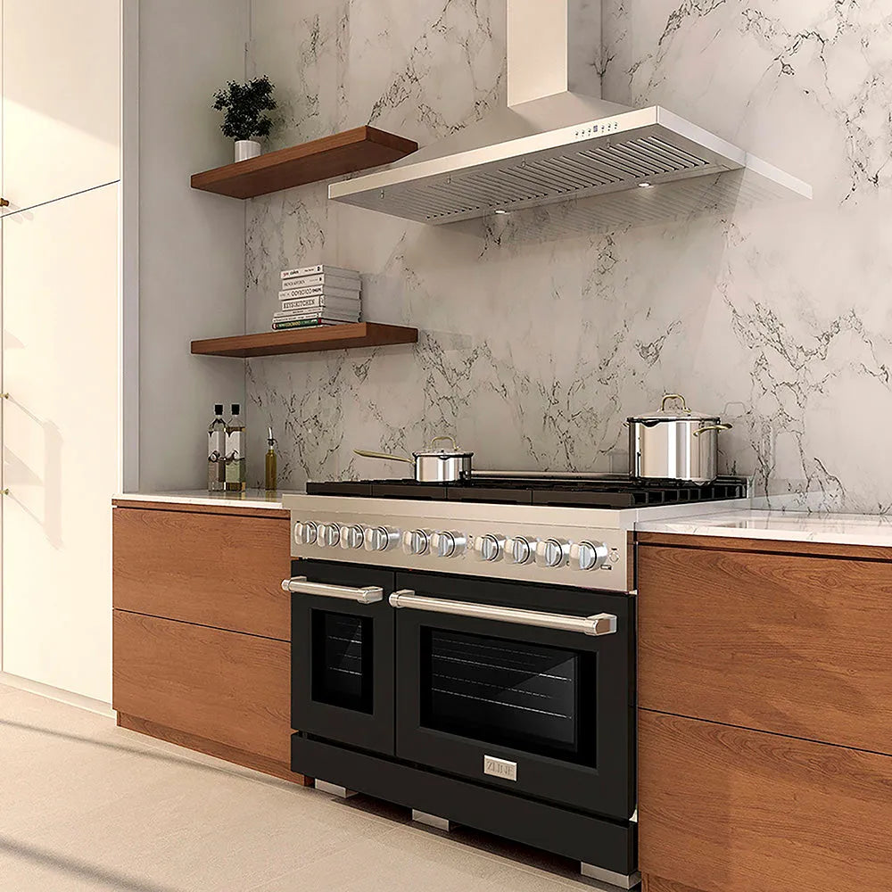 ZLINE 48 in. 6.7 cu. ft. Paramount Dual Fuel Range with 8 Burner DuoPro™ Cooktop and Dual Ovens with Black Matte Doors (PSDR-BLM-48) in a luxury kitchen with wooden cabinets marble backsplash, side.