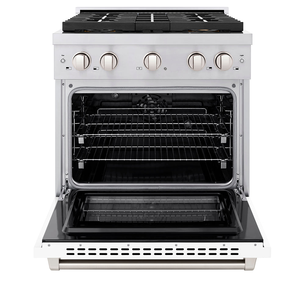 ZLINE 30 in. 4.2 cu. ft. Paramount Dual Fuel Range with 4 Burner DuoPro™ Cooktop and Electric Convection Oven with White Matte Door (PSDR-WM-30) front, oven open.