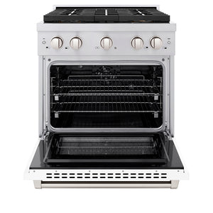 ZLINE 30 in. 4.2 cu. ft. Paramount Dual Fuel Range with 4 Burner DuoPro™ Cooktop and Electric Convection Oven with White Matte Door (PSDR-WM-30) front, oven open.