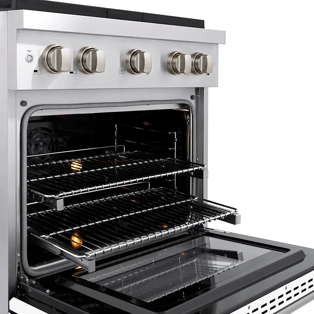 ZLINE 30 in. 4.2 cu. ft. Paramount Dual Fuel Range with 4 Burner DuoPro™ Cooktop and Electric Convection Oven with White Matte Door (PSDR-WM-30) close-up, oven open with racks extended, showing design and structure.
