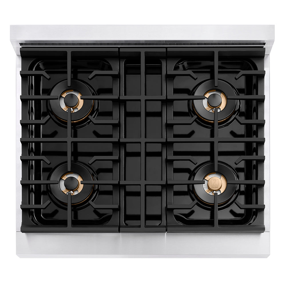 ZLINE 30 in. 4.2 cu. ft. Paramount Dual Fuel Range with 4 Burner DuoPro™ Cooktop and Electric Convection Oven with White Matte Door (PSDR-WM-30) top-down, above cooktop.