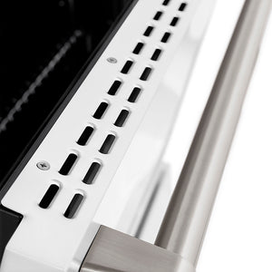 ZLINE 36 in. 5.2 cu. ft. Paramount Dual Fuel Range with 6 Burner DuoPro™ Cooktop and Electric Convection Oven with White Matte Door (PSDR-WM-36) oven door slightly open showing handle detail.