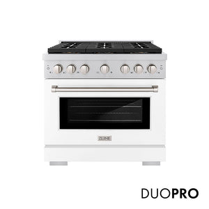 ZLINE 36 in. 5.2 cu. ft. Paramount Dual Fuel Range with 6 Burner DuoPro™ Cooktop and Electric Convection Oven with White Matte Door (PSDR-WM-36) front, with DuoPro™ logo.