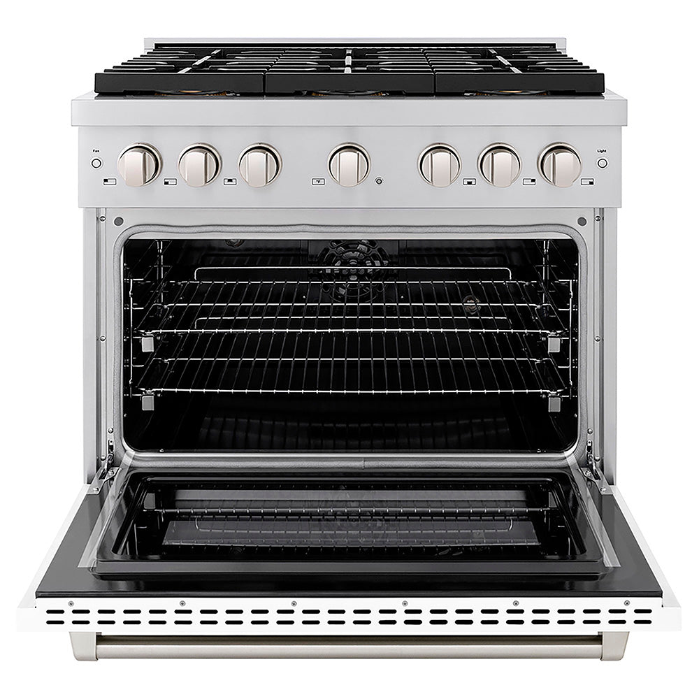 ZLINE 36 in. 5.2 cu. ft. Paramount Dual Fuel Range with 6 Burner DuoPro™ Cooktop and Electric Convection Oven with White Matte Door (PSDR-WM-36) front, oven open.