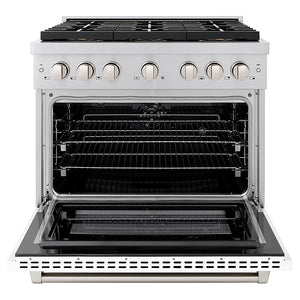 ZLINE 36 in. 5.2 cu. ft. Paramount Dual Fuel Range with 6 Burner DuoPro™ Cooktop and Electric Convection Oven with White Matte Door (PSDR-WM-36) front, oven open.