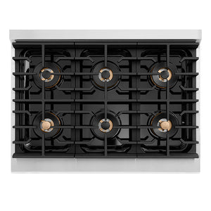 ZLINE 36 in. 5.2 cu. ft. Paramount Dual Fuel Range with 6 Burner DuoPro™ Cooktop and Electric Convection Oven with White Matte Door (PSDR-WM-36) top-down, above cooktop.