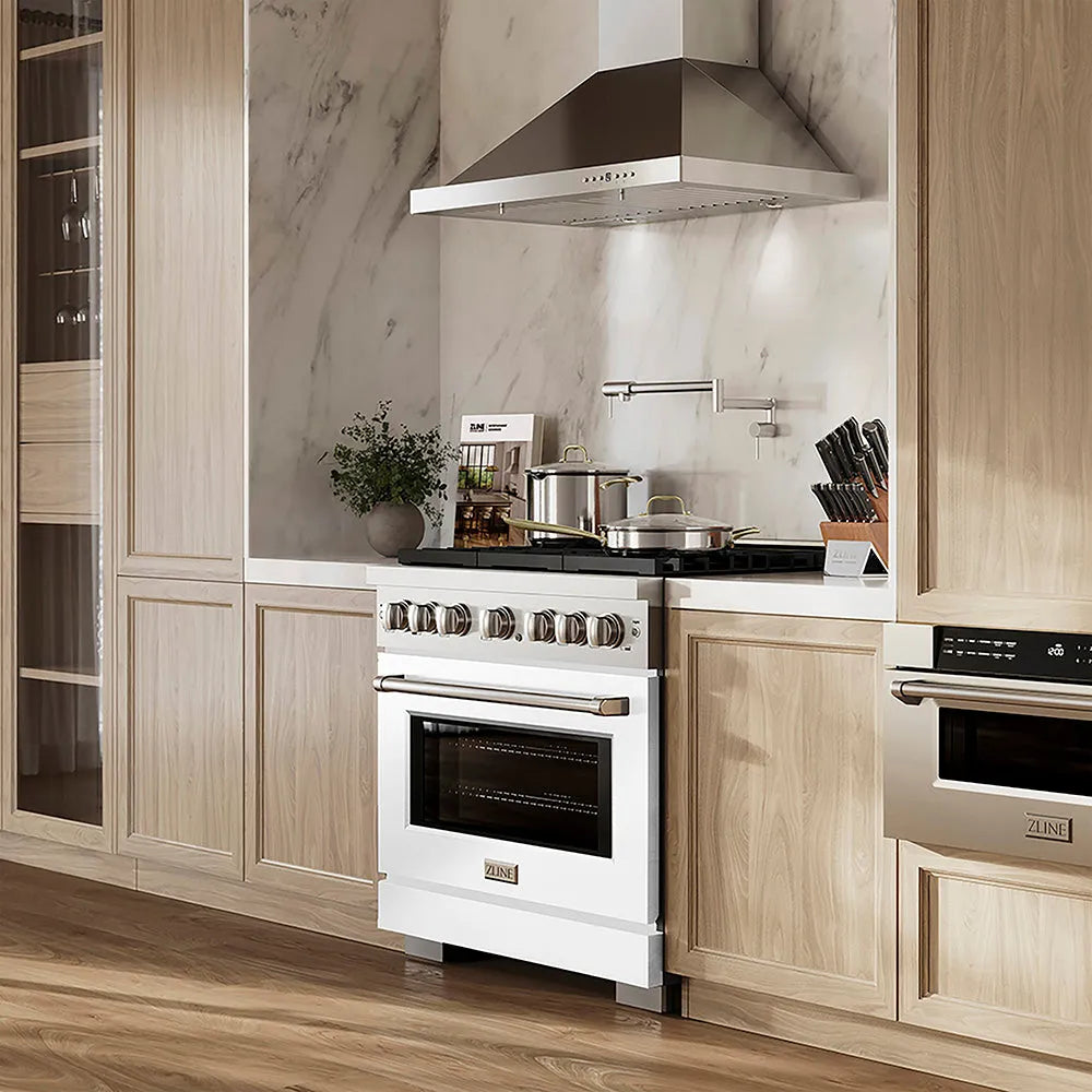 ZLINE 36 in. 5.2 cu. ft. Paramount Dual Fuel Range with 6 Burner DuoPro™ Cooktop and Electric Convection Oven with White Matte Door (PSDR-WM-36) in a luxury kitchen with wooden cabinets marble backsplash, side.