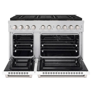 ZLINE 48 in. 6.7 cu. ft. Paramount Dual Fuel Range with 8 Burner DuoPro™ Cooktop and Dual Ovens with White Matte Doors (PSDR-WM-48) front, oven open.
