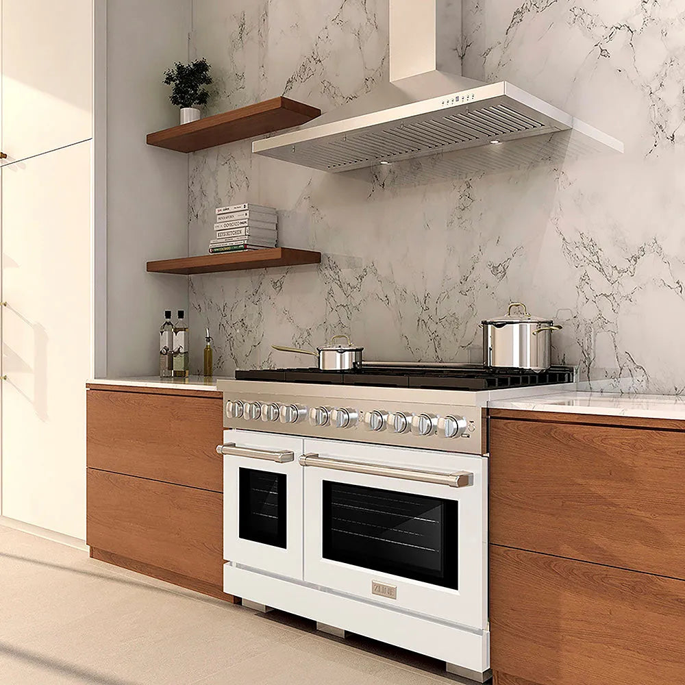 ZLINE 48 in. 6.7 cu. ft. Paramount Dual Fuel Range with 8 Burner DuoPro™ Cooktop and Dual Ovens with White Matte Doors (PSDR-WM-48) in a luxury kitchen with wooden cabinets marble backsplash, side.