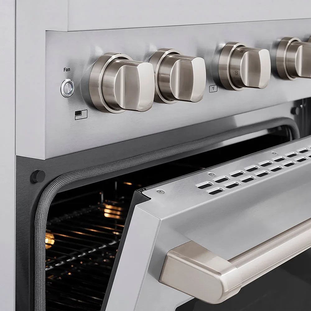 ZLINE 30 in. 4.2 cu. ft. Paramount Dual Fuel Range with 4 Burner DuoPro™ Cooktop and Electric Convection Oven in Stainless Steel (PSDR30) oven door slightly open showing handle detail.