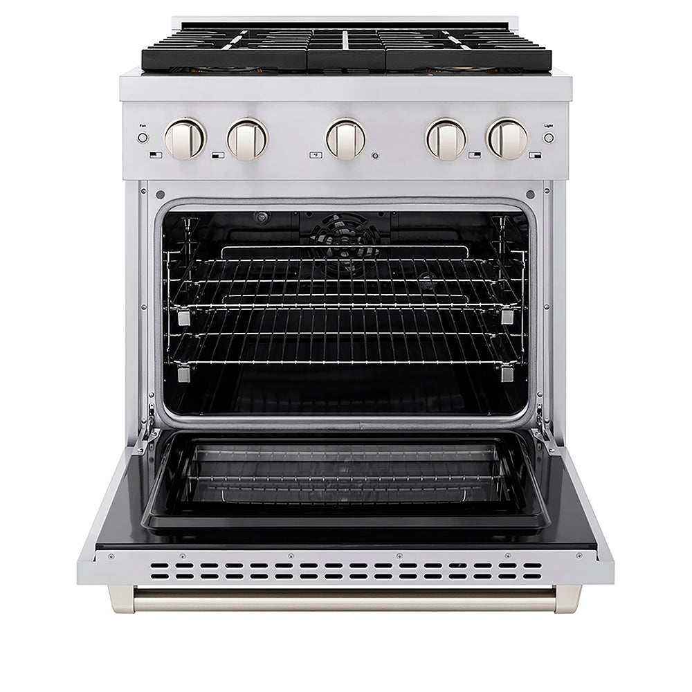ZLINE 30 in. 4.2 cu. ft. Paramount Dual Fuel Range with 4 Burner DuoPro™ Cooktop and Electric Convection Oven in Stainless Steel (PSDR30) front, oven open.