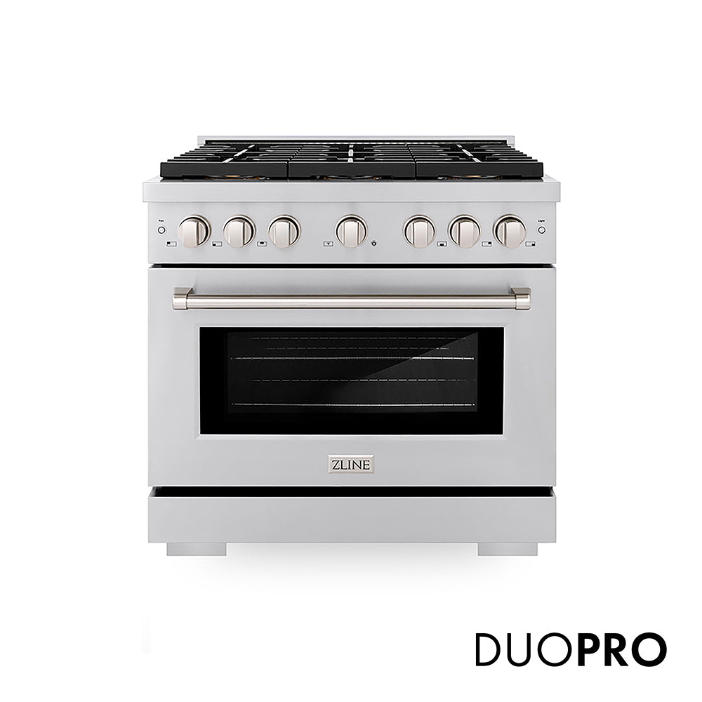 ZLINE 36 in. 5.2 cu. ft. Paramount Dual Fuel Range with 6 Burner DuoPro™ Cooktop and Electric Convection Oven in Stainless Steel (PSDR36) front, with DuoPro™ logo.