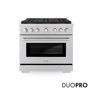 ZLINE 36 in. 5.2 cu. ft. Paramount Dual Fuel Range with 6 Burner DuoPro™ Cooktop and Electric Convection Oven in Stainless Steel (PSDR36) front, with DuoPro™ logo.