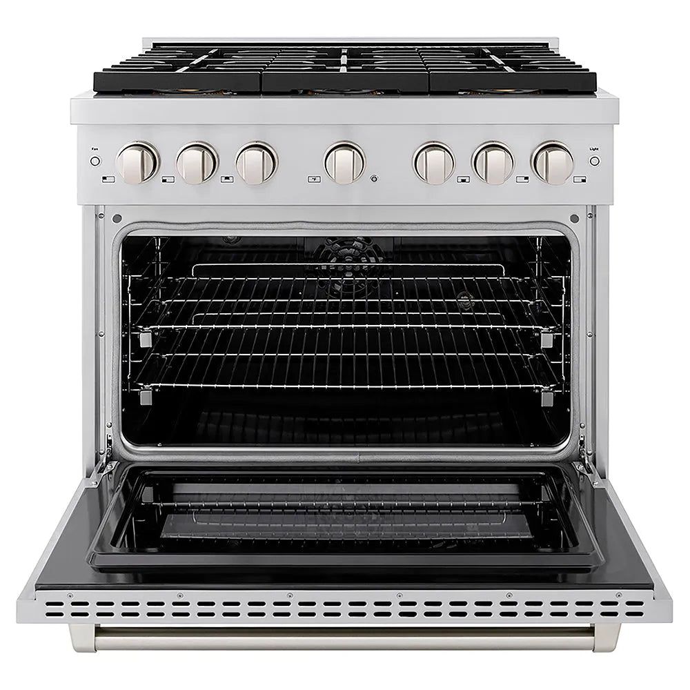 ZLINE 36 in. 5.2 cu. ft. Paramount Dual Fuel Range with 6 Burner DuoPro™ Cooktop and Electric Convection Oven in Stainless Steel (PSDR36) front, oven open.