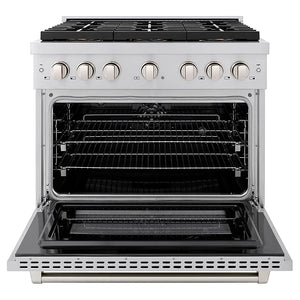 ZLINE 36 in. 5.2 cu. ft. Paramount Dual Fuel Range with 6 Burner DuoPro™ Cooktop and Electric Convection Oven in Stainless Steel (PSDR36) front, oven open.