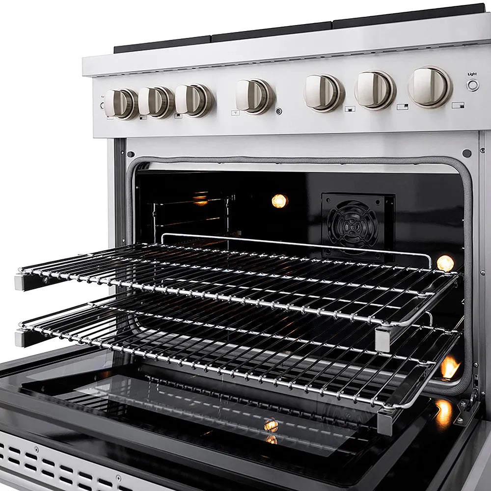 ZLINE 36 in. 5.2 cu. ft. Paramount Dual Fuel Range with 6 Burner DuoPro™ Cooktop and Electric Convection Oven in Stainless Steel (PSDR36) with open door showing interior racks and heating elements.