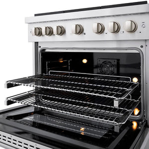 ZLINE 36 in. 5.2 cu. ft. Paramount Dual Fuel Range with 6 Burner DuoPro™ Cooktop and Electric Convection Oven in Stainless Steel (PSDR36) with open door showing interior racks and heating elements.