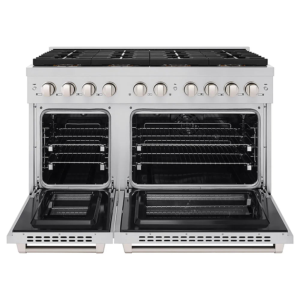 ZLINE 48 in. 6.7 cu. ft. Paramount Dual Fuel Range with 8 Burner DuoPro™ Cooktop and Dual Ovens in Stainless Steel (PSDR48) front, oven open.