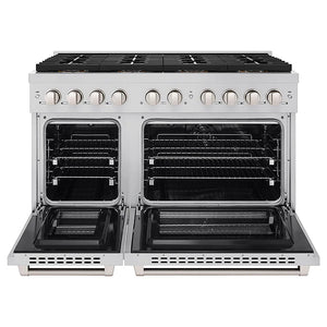 ZLINE 48 in. 6.7 cu. ft. Paramount Dual Fuel Range with 8 Burner DuoPro™ Cooktop and Dual Ovens in Stainless Steel (PSDR48) front, oven open.