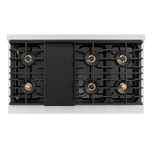 ZLINE 48 in. 6.7 cu. ft. Paramount Dual Fuel Range with 8 Burner DuoPro™ Cooktop and Dual Ovens in Stainless Steel (PSDR48) top-down, above cooktop with griddle.