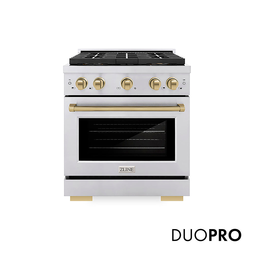 ZLINE Autograph Edition 30 in. 4.2 cu. ft. Paramount Dual Fuel Range with 4 Burner DuoPro™ Cooktop and Electric Convection Oven in Stainless Steel with Champagne Bronze Accents (PSDRZ-30-CB) front, with DuoPro™ logo.