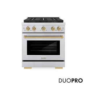 ZLINE Autograph Edition 30 in. 4.2 cu. ft. Paramount Dual Fuel Range with 4 Burner DuoPro™ Cooktop and Electric Convection Oven in Stainless Steel with Champagne Bronze Accents (PSDRZ-30-CB) front, with DuoPro™ logo.