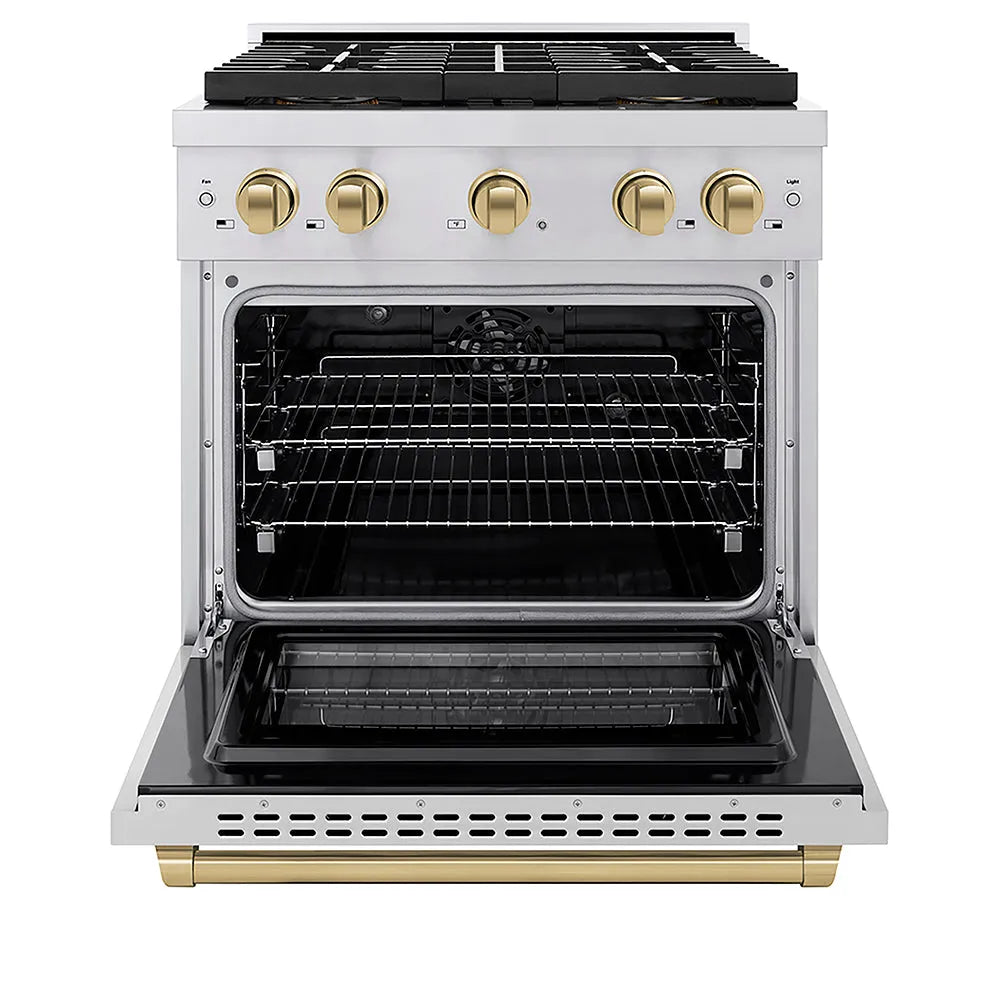ZLINE Autograph Edition 30 in. 4.2 cu. ft. Paramount Dual Fuel Range with 4 Burner DuoPro™ Cooktop and Electric Convection Oven in Stainless Steel with Champagne Bronze Accents (PSDRZ-30-CB) front, oven open.