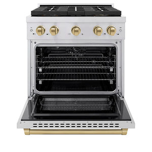 ZLINE Autograph Edition 30 in. 4.2 cu. ft. Paramount Dual Fuel Range with 4 Burner DuoPro™ Cooktop and Electric Convection Oven in Stainless Steel with Champagne Bronze Accents (PSDRZ-30-CB) front, oven open.