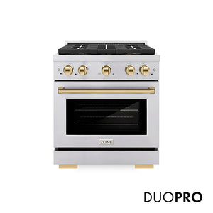 ZLINE Autograph Edition 30 in. 4.2 cu. ft. Paramount Dual Fuel Range with 4 Burner DuoPro™ Cooktop and Electric Convection Oven in Stainless Steel with Polished Gold Accents (PSDRZ-30-G) front, with DuoPro™ logo.