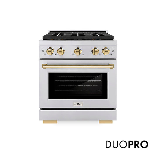 ZLINE Autograph Edition 30 in. 4.2 cu. ft. Paramount Dual Fuel Range with 4 Burner DuoPro™ Cooktop and Electric Convection Oven in Stainless Steel with Polished Gold Accents (PSDRZ-30-G) front, with DuoPro™ logo.