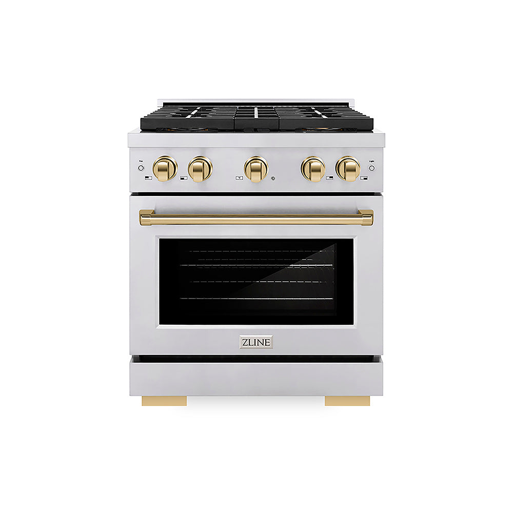 ZLINE Autograph Edition 30 in. 4.2 cu. ft. Paramount Dual Fuel Range with 4 Burner DuoPro™ Cooktop and Electric Convection Oven in Stainless Steel with Polished Gold Accents (PSDRZ-30-G)