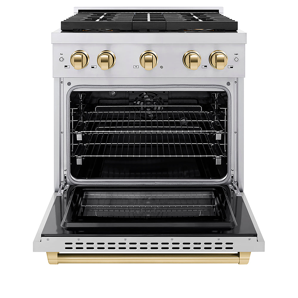 ZLINE Autograph Edition 30 in. 4.2 cu. ft. Paramount Dual Fuel Range with 4 Burner DuoPro™ Cooktop and Electric Convection Oven in Stainless Steel with Polished Gold Accents (PSDRZ-30-G) front, oven open.
