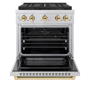 ZLINE Autograph Edition 30 in. 4.2 cu. ft. Paramount Dual Fuel Range with 4 Burner DuoPro™ Cooktop and Electric Convection Oven in Stainless Steel with Polished Gold Accents (PSDRZ-30-G) front, oven open.