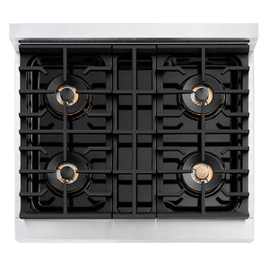 ZLINE Autograph Edition 30 in. 4.2 cu. ft. Paramount Dual Fuel Range with 4 Burner DuoPro™ Cooktop and Electric Convection Oven in Stainless Steel with Polished Gold Accents (PSDRZ-30-G) top-down, above cooktop.