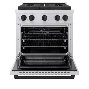 ZLINE Autograph Edition 30 in. 4.2 cu. ft. Paramount Dual Fuel Range with 4 Burner DuoPro™ Cooktop and Electric Convection Oven in Stainless Steel with Matte Black Accents (PSDRZ-30-MB) front, oven open.