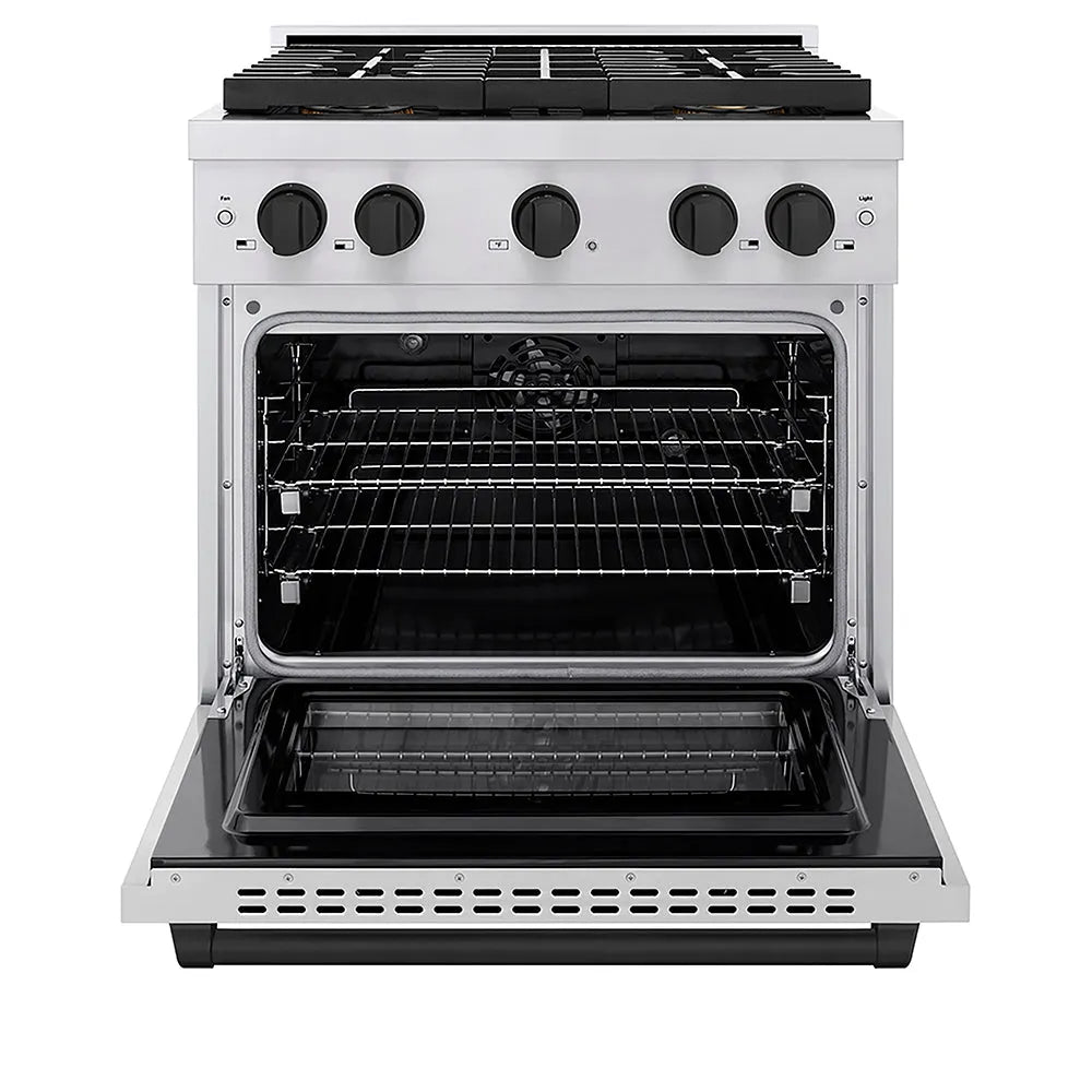 ZLINE Autograph Edition 30 in. 4.2 cu. ft. Paramount Dual Fuel Range with 4 Burner DuoPro™ Cooktop and Electric Convection Oven in Stainless Steel with Matte Black Accents (PSDRZ-30-MB) front, oven open.