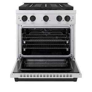 ZLINE Autograph Edition 30 in. 4.2 cu. ft. Paramount Dual Fuel Range with 4 Burner DuoPro™ Cooktop and Electric Convection Oven in Stainless Steel with Matte Black Accents (PSDRZ-30-MB) front, oven open.