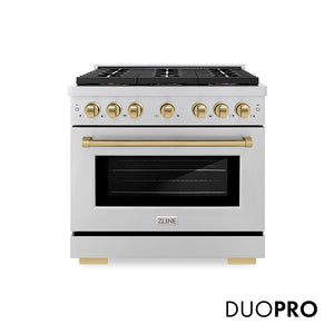 ZLINE Autograph Edition 36 in. 5.2 cu. ft. Paramount Dual Fuel Range with 6 Burner DuoPro™ Cooktop and Electric Convection Oven in Stainless Steel and Champagne Bronze Accents (PSDRZ-36-CB) front, with DuoPro™ logo.