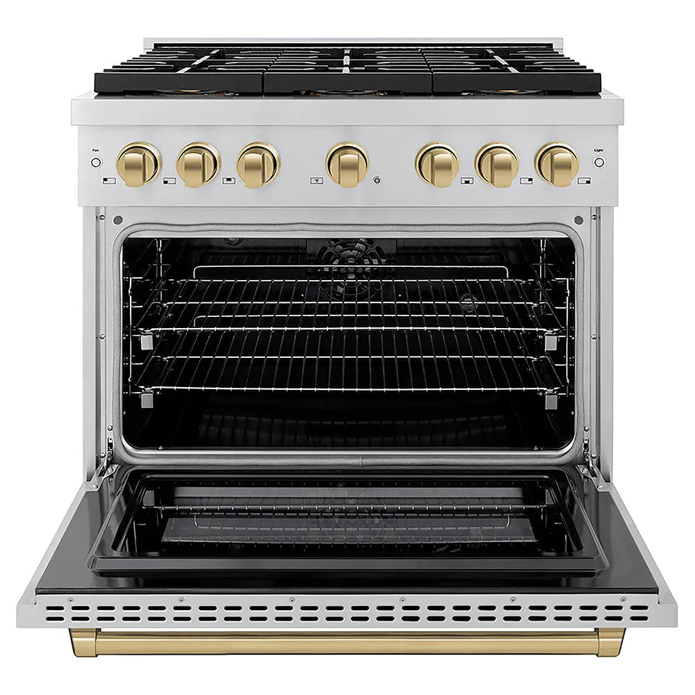 ZLINE Autograph Edition 36 in. 5.2 cu. ft. Paramount Dual Fuel Range with 6 Burner DuoPro™ Cooktop and Electric Convection Oven in Stainless Steel and Champagne Bronze Accents (PSDRZ-36-CB) front, oven open.