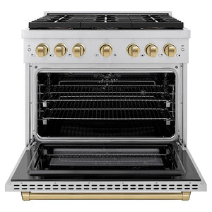 ZLINE Autograph Edition 36 in. 5.2 cu. ft. Paramount Dual Fuel Range with 6 Burner DuoPro™ Cooktop and Electric Convection Oven in Stainless Steel and Champagne Bronze Accents (PSDRZ-36-CB) front, oven open.