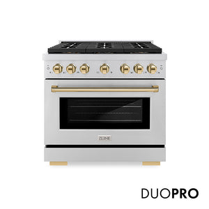 ZLINE Autograph Edition 36 in. 5.2 cu. ft. Paramount Dual Fuel Range with 6 Burner DuoPro™ Cooktop and Electric Convection Oven in Stainless Steel and Polished Gold Accents (PSDRZ-36-G) front, with DuoPro™ logo.