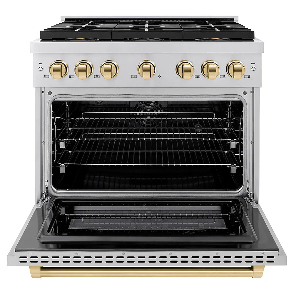 ZLINE Autograph Edition 36 in. 5.2 cu. ft. Paramount Dual Fuel Range with 6 Burner DuoPro™ Cooktop and Electric Convection Oven in Stainless Steel and Polished Gold Accents (PSDRZ-36-G) front, oven open.