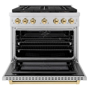 ZLINE Autograph Edition 36 in. 5.2 cu. ft. Paramount Dual Fuel Range with 6 Burner DuoPro™ Cooktop and Electric Convection Oven in Stainless Steel and Polished Gold Accents (PSDRZ-36-G) front, oven open.