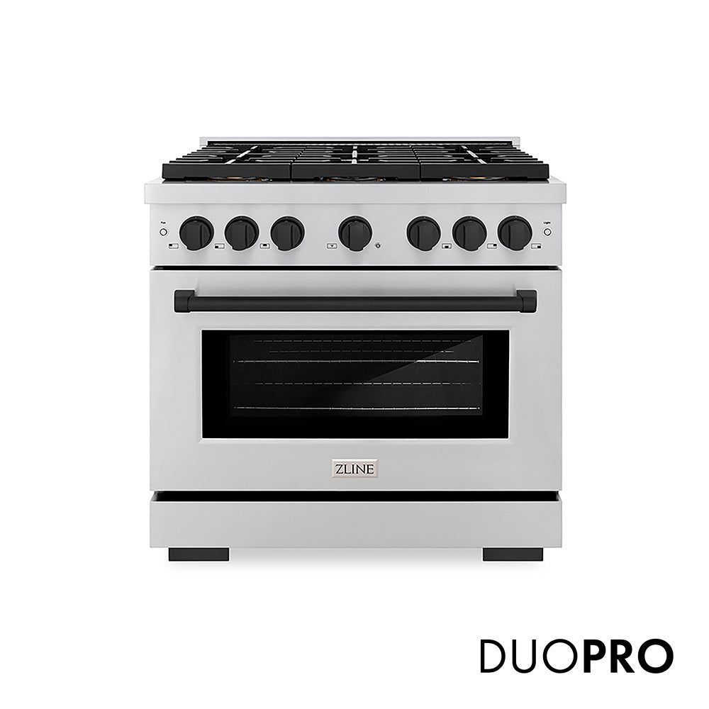 ZLINE Autograph Edition 36 in. 5.2 cu. ft. Paramount Dual Fuel Range with 6 Burner DuoPro™ Cooktop and Electric Convection Oven in Stainless Steel and Matte Black Accents (PSDRZ-36-MB) front, with DuoPro™ logo.