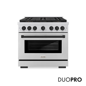 ZLINE Autograph Edition 36 in. 5.2 cu. ft. Paramount Dual Fuel Range with 6 Burner DuoPro™ Cooktop and Electric Convection Oven in Stainless Steel and Matte Black Accents (PSDRZ-36-MB) front, with DuoPro™ logo.