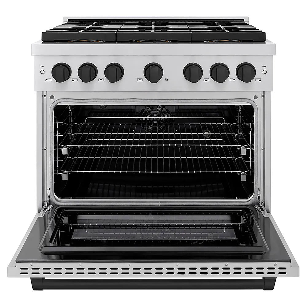 ZLINE Autograph Edition 36 in. 5.2 cu. ft. Paramount Dual Fuel Range with 6 Burner DuoPro™ Cooktop and Electric Convection Oven in Stainless Steel and Matte Black Accents (PSDRZ-36-MB) front, oven open.